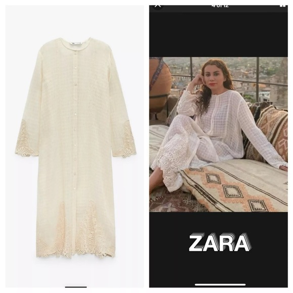 Zara linen long beige ecru shirt dress with embroidery crochet aplique - Picture 1 of 7